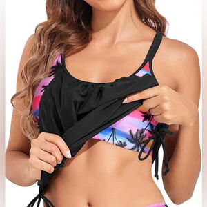 Tankini Swim Top Women-Black Tropical Print, Loose & Long, Size M